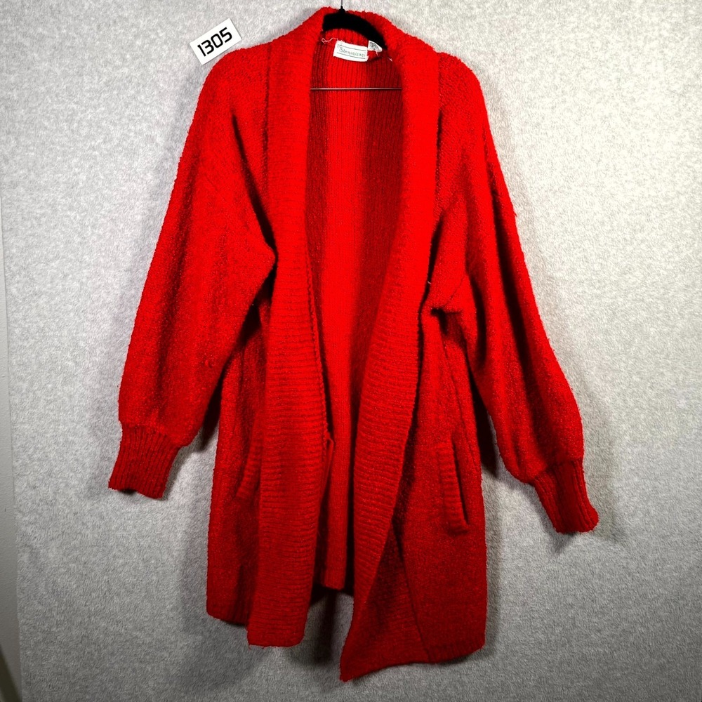 Vintage Shenanigans Cardigan Sweater Women Medium Red Acrylic Boucle Knit Winter